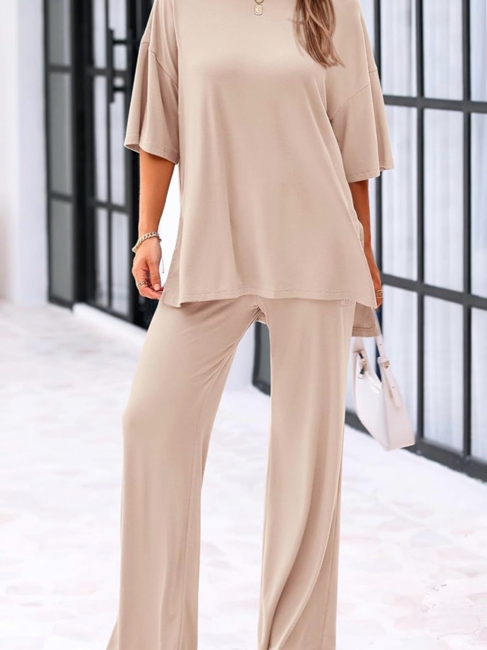 Relaxed Wide-Leg Lounge Pants Set in Beige
